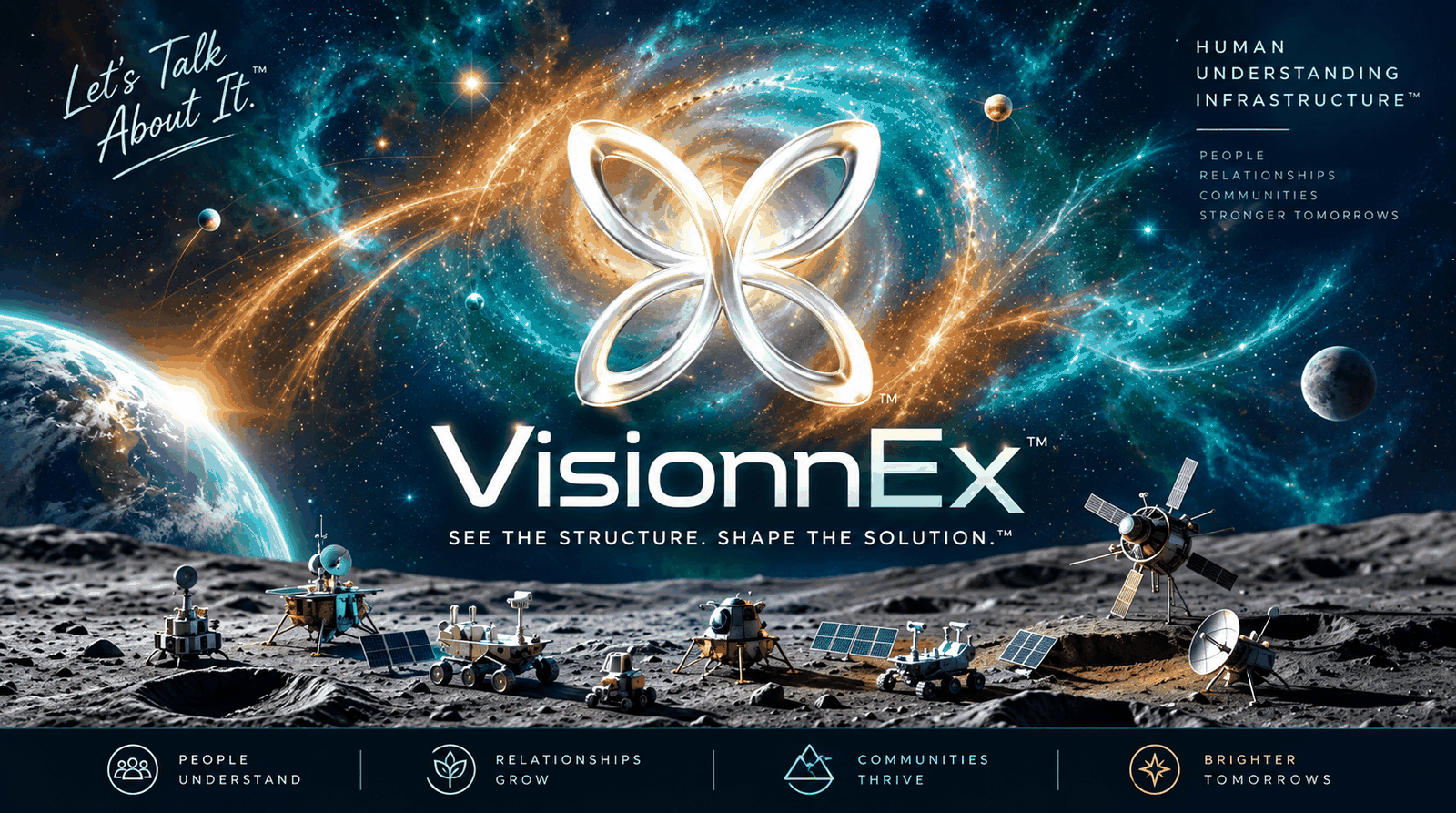 Glowing VisionnEx butterfly emblem in an expansive gold and turquoise cosmos above a lunar landscape.