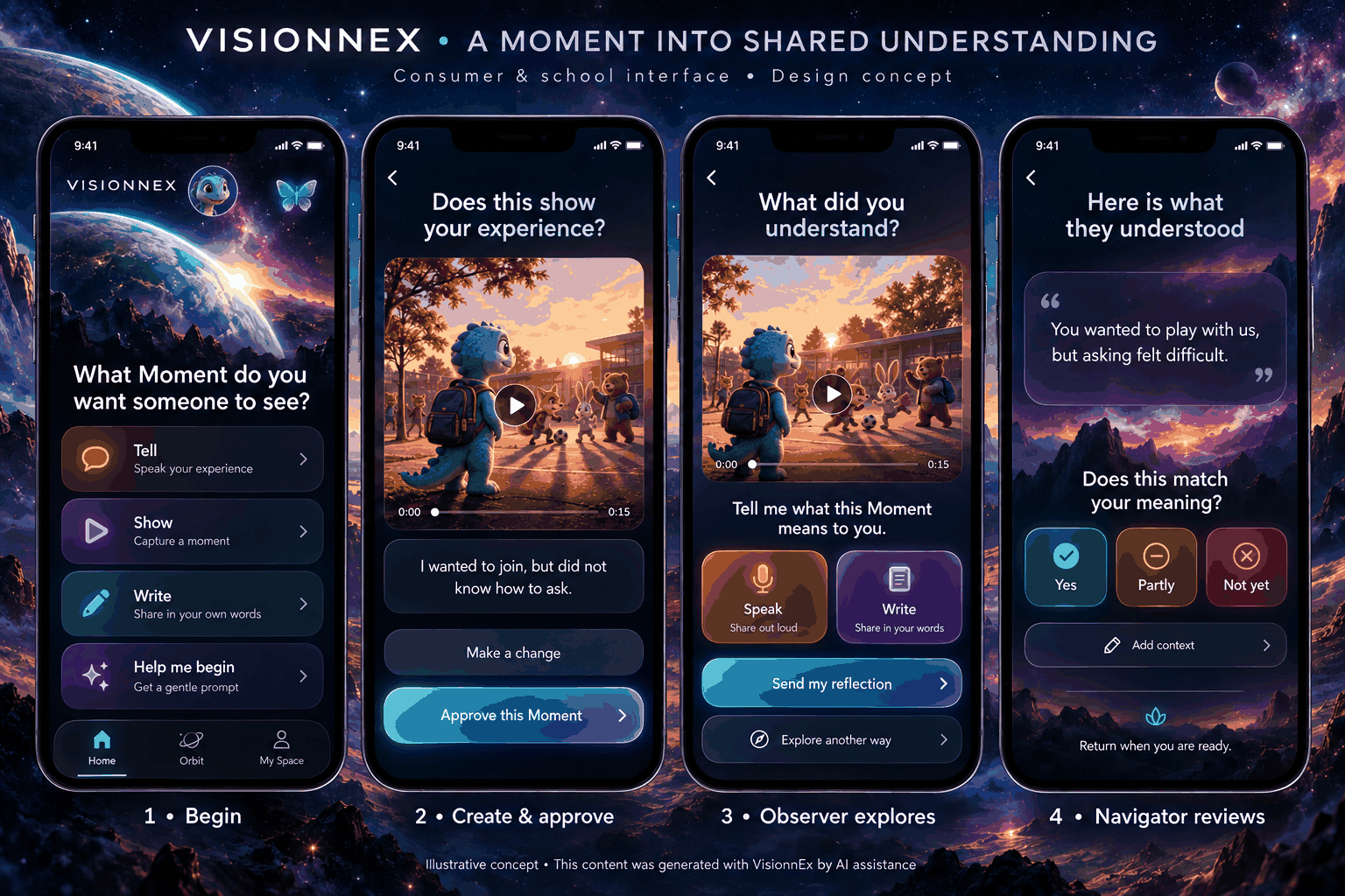 Established VisionnEx artwork with a friendly teal dinosaur and three story screens surrounded by colorful galaxies.