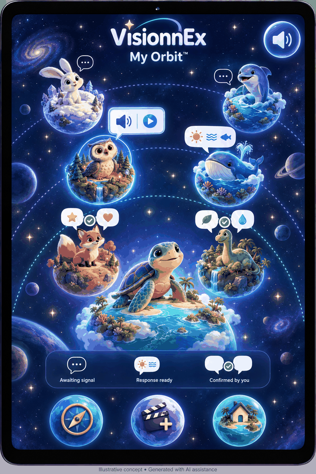 My Orbit concept showing colorful nonhuman characters on floating cosmic islands connected by glowing pathways.